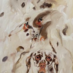 Rupert Gredler, <br>Dalmatiner (mit Selbstportrait), <br>Öl auf Leinwand, <br>60 x 50 cm, 2020
