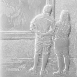 Peter Niedertscheider, <br>Botticelli (I), <br>Flachrelief mit Gravur, Carrara Marmor, <br>19 x 14 cm, 2019